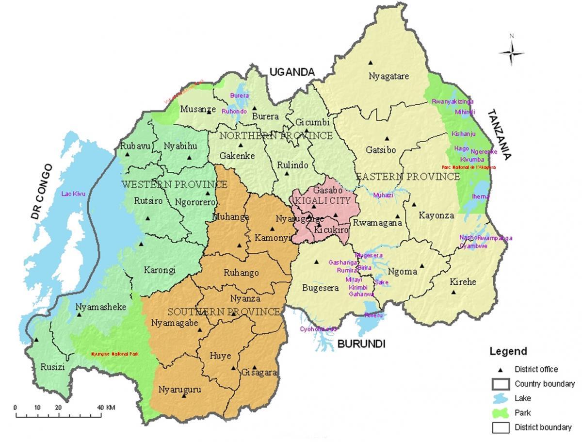 mapa Rwandy z obszarów i sektorów
