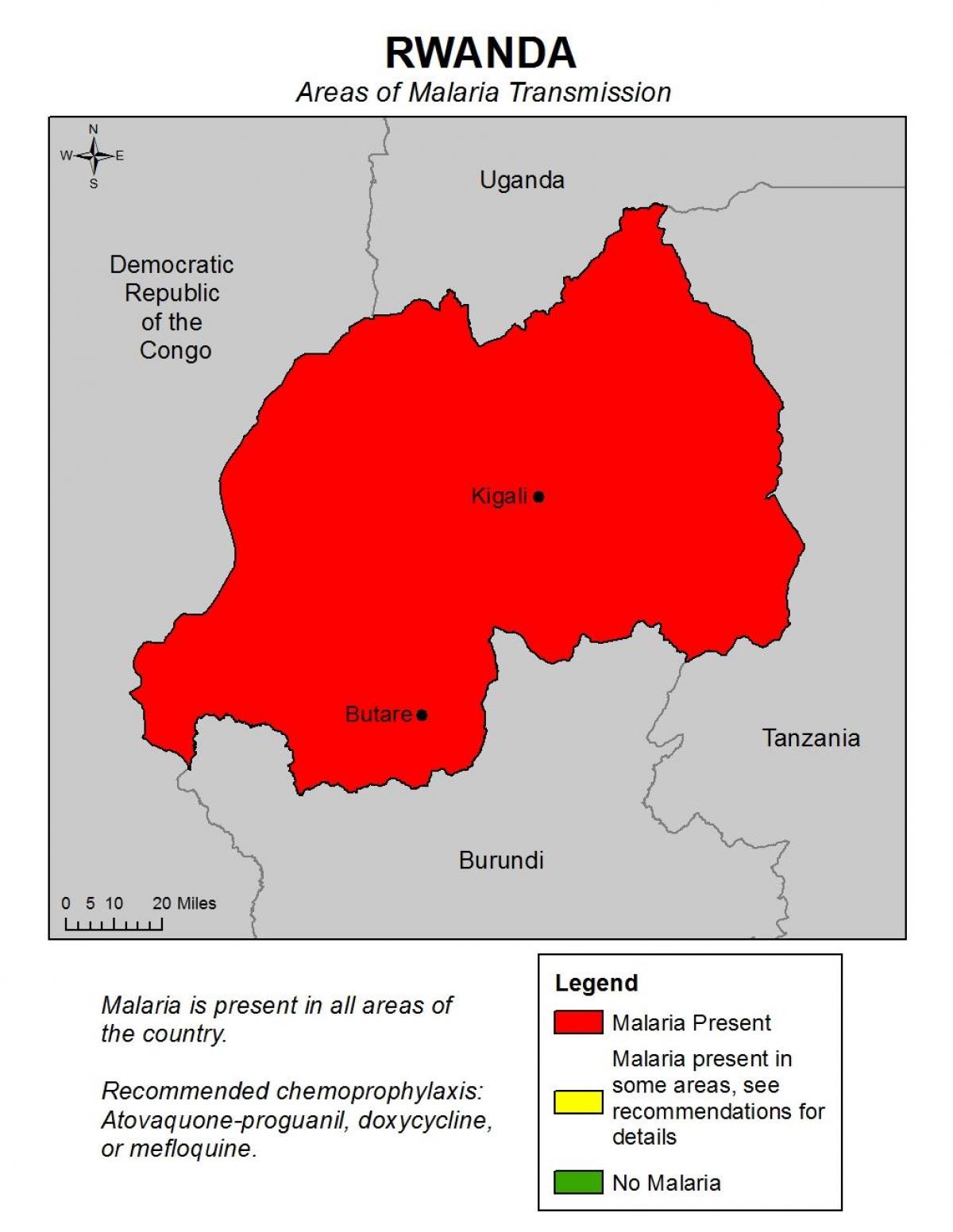 mapa Rwandy z malarią