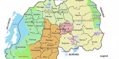 Mapa Rwandy z obszarów i sektorów
